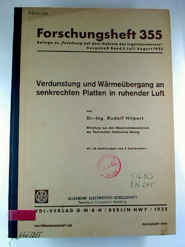 Rudolf+Hilpert%3AVerdunstung+und+W%C3%A4rme%C3%BCbergang+an+senkrechten+Platten+in+ruhender+Luft.